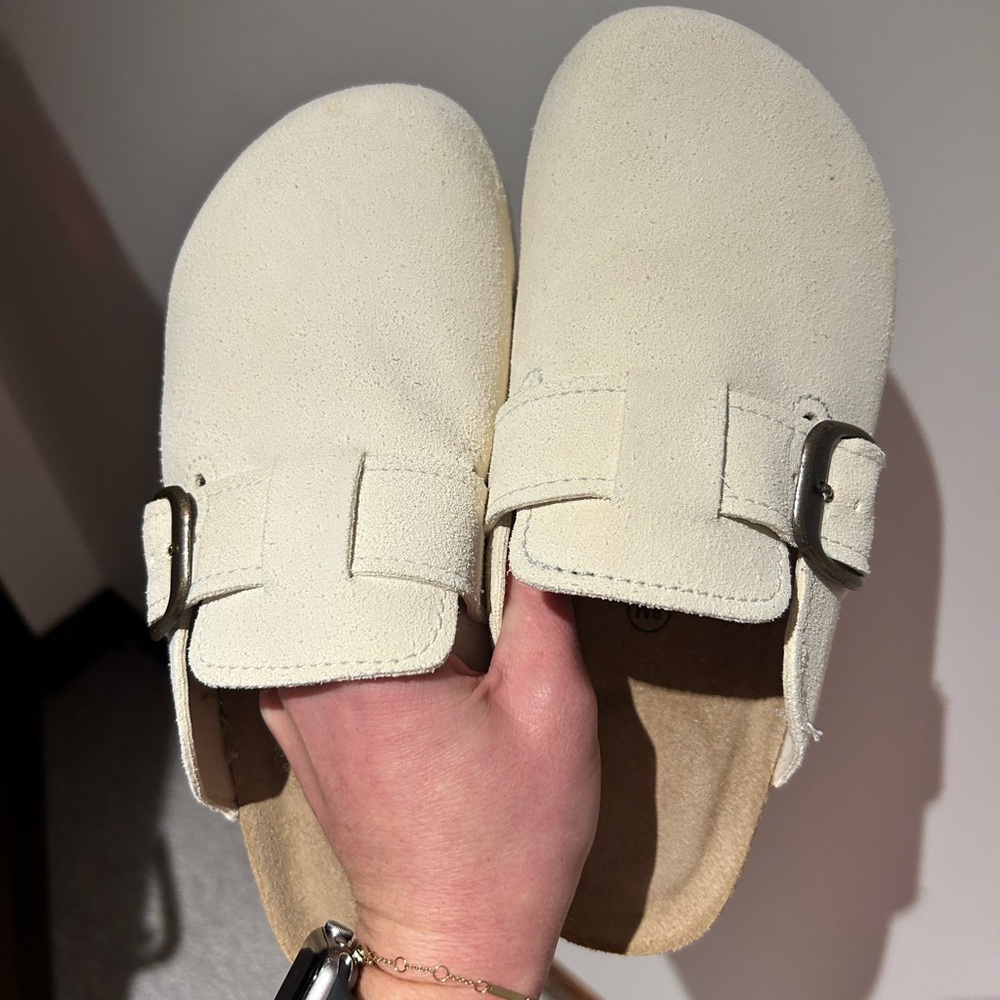 Cream Suede Buckle Slip-On Sandals